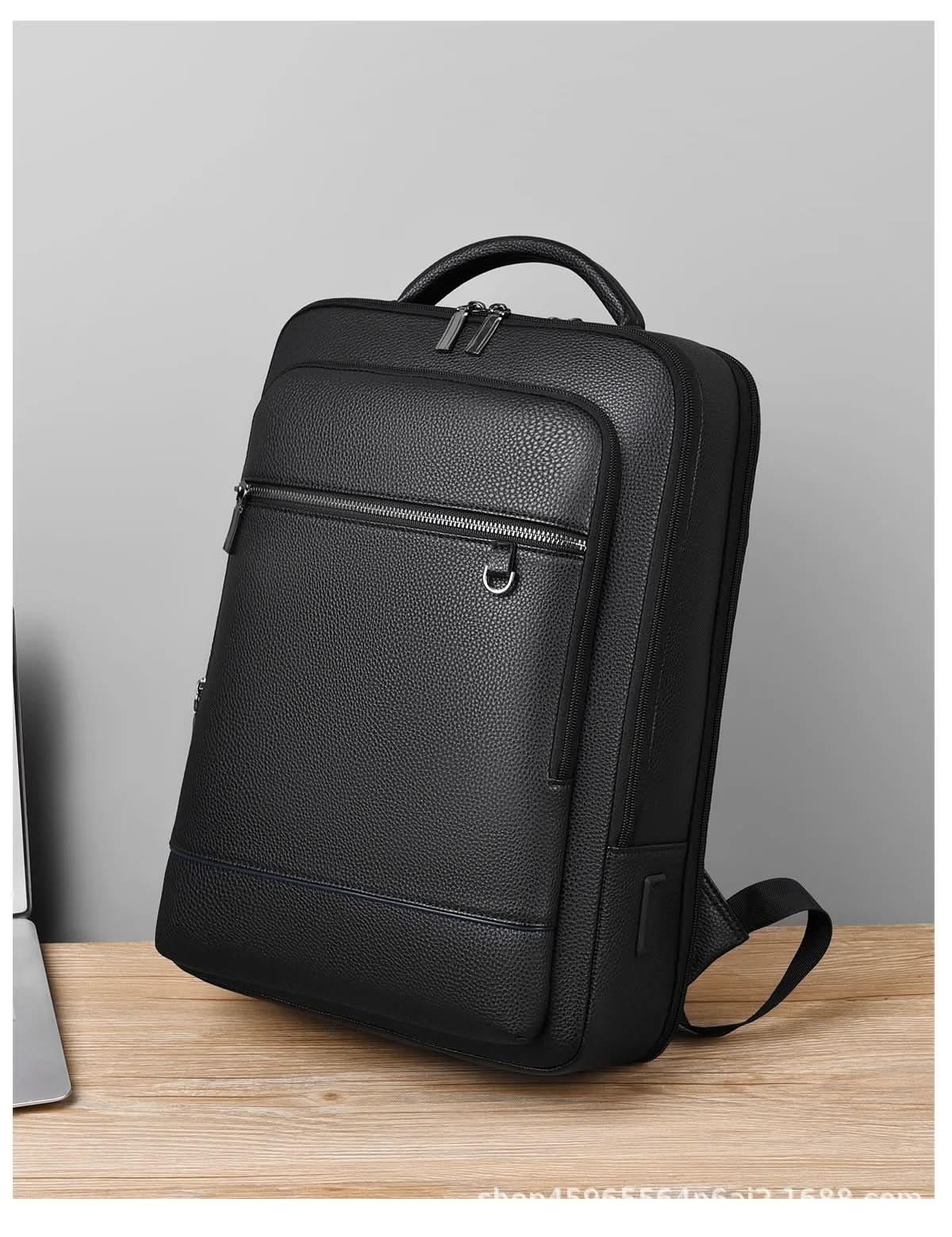 Elegant leather rucksack for men/women with USB port for laptop and everyday use, 15.6 inch, black