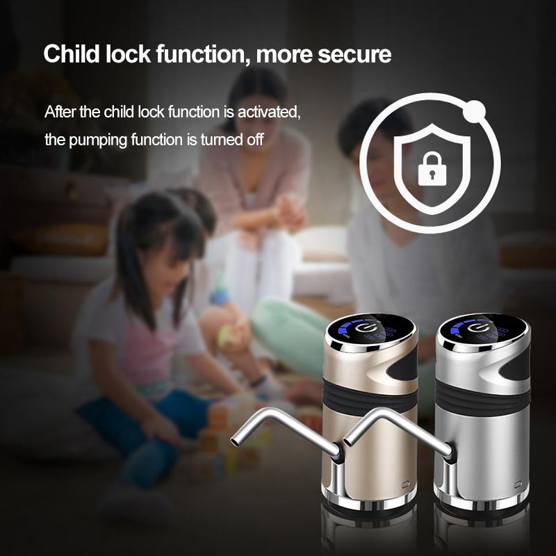Genopladelig vandflaske-pumpe med ét tryk og børnesikring