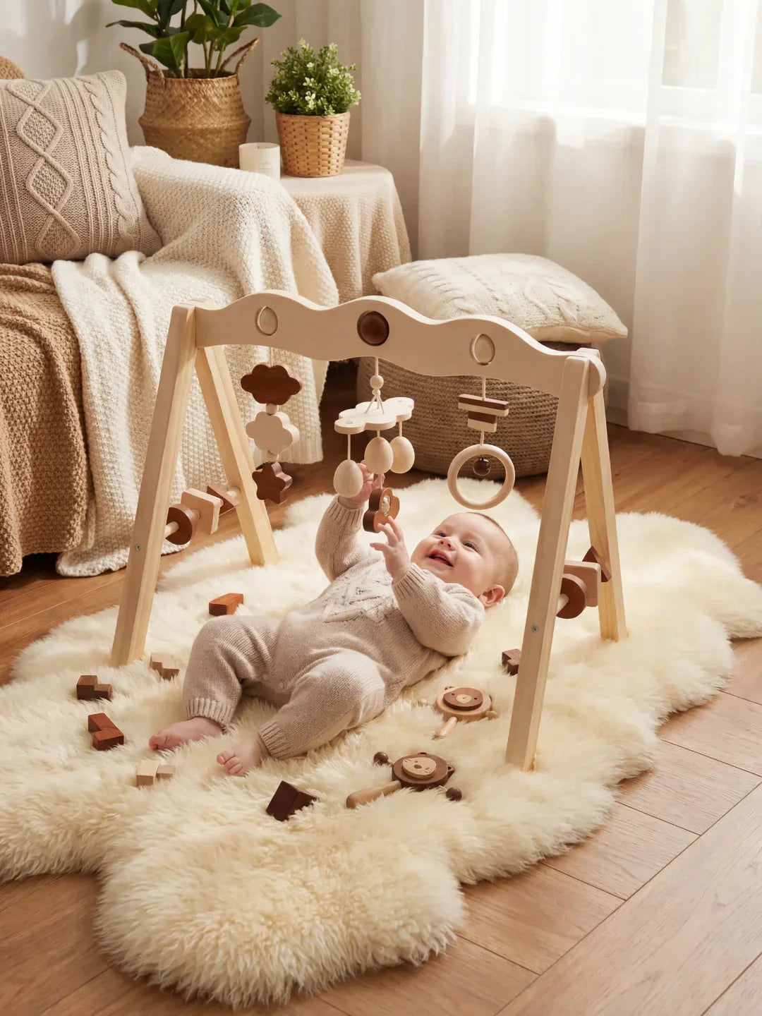 Natural Wood Baby Gym Arch For Babies 0-3 Years, Stable Frame With Suspended Toys