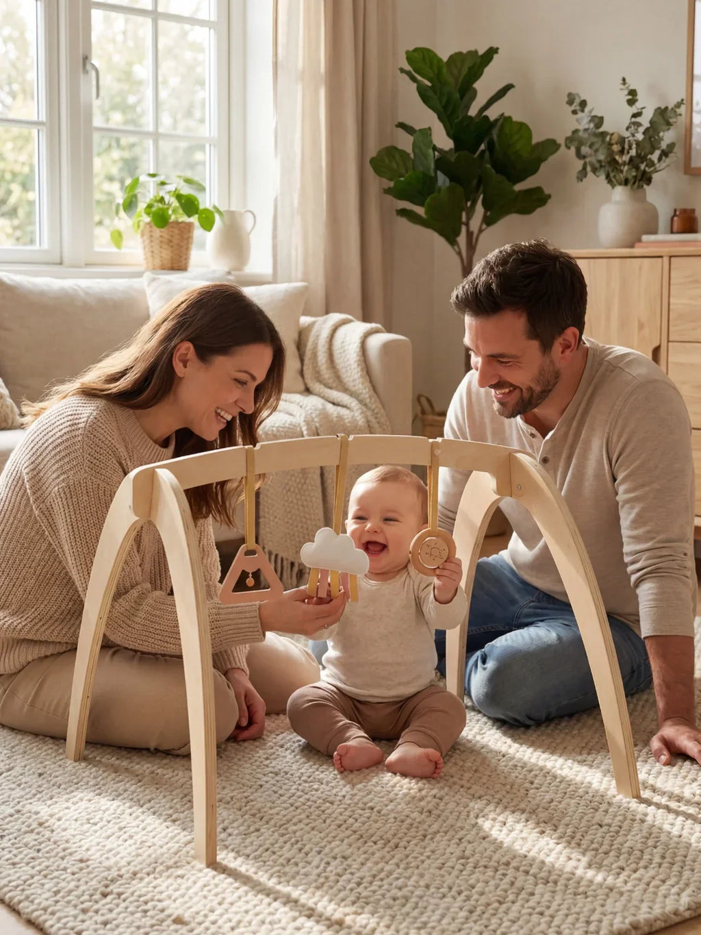 Wooden Play Arch with 3 Hanging Toys – Sensory Gym for Baby