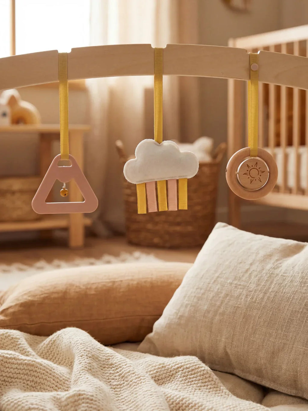Wooden Play Arch with 3 Hanging Toys – Sensory Gym for Baby