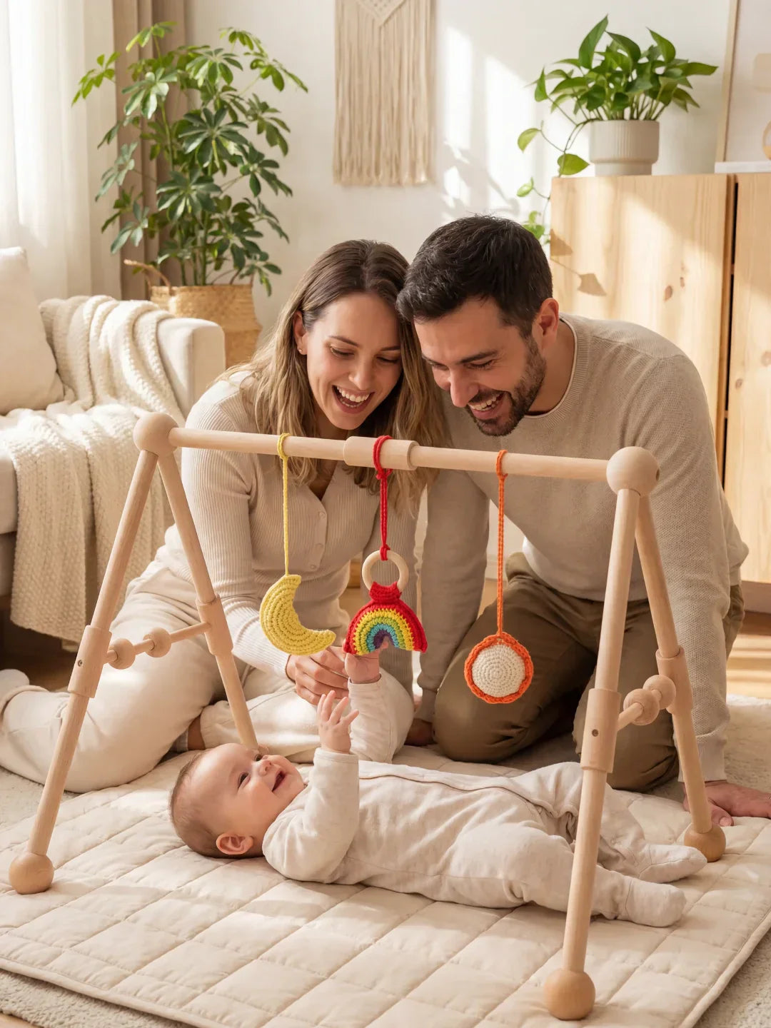 قوس لعب أطفال من الخشب الطبيعي مع ألعاب حسية معلقة للأطفال من عمر 0-3 سنوات
