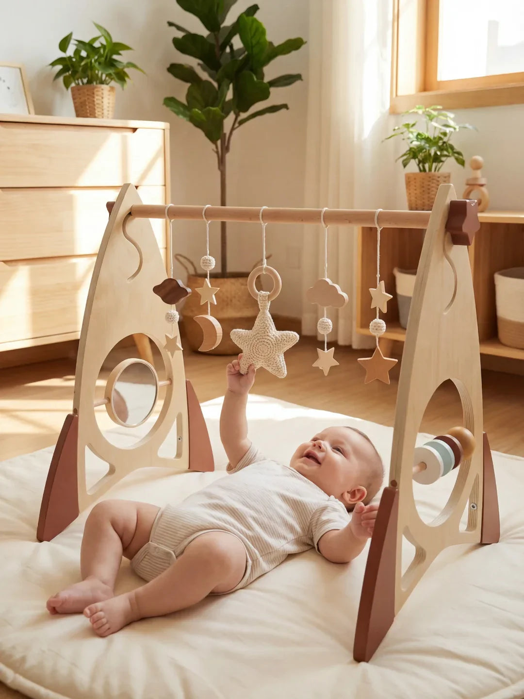 Space Rocket Wooden Play Arch – Star-Themed Sensory Toy Gym