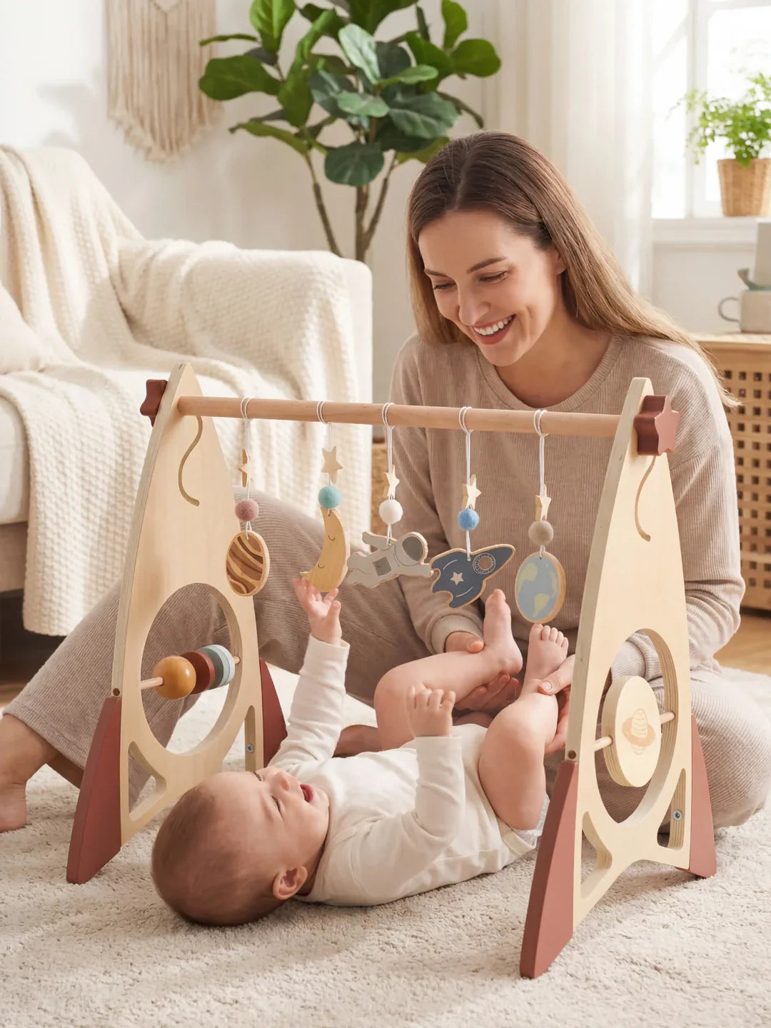 Space Rocket Wooden Play Arch – Star-Themed Sensory Toy Gym