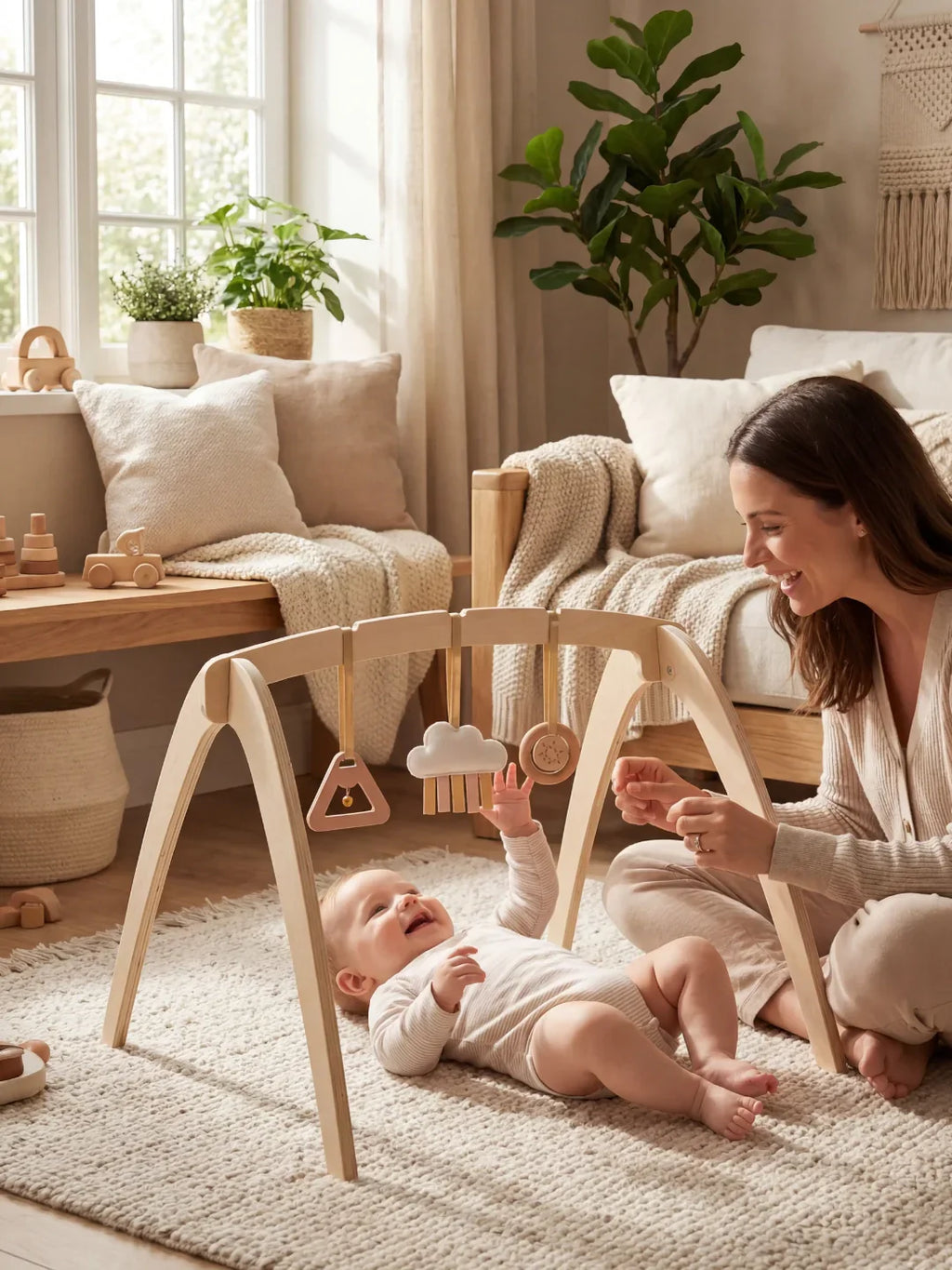 Wooden Play Arch with 3 Hanging Toys – Sensory Gym for Baby