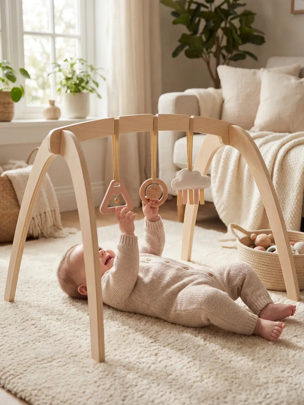 Wooden Play Arch with 3 Hanging Toys – Sensory Gym for Baby