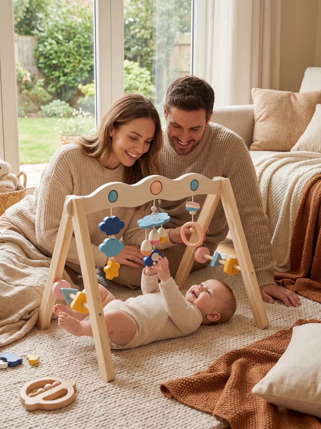 Natural Wood Baby Gym Arch For Babies 0-3 Years, Stable Frame With Suspended Toys