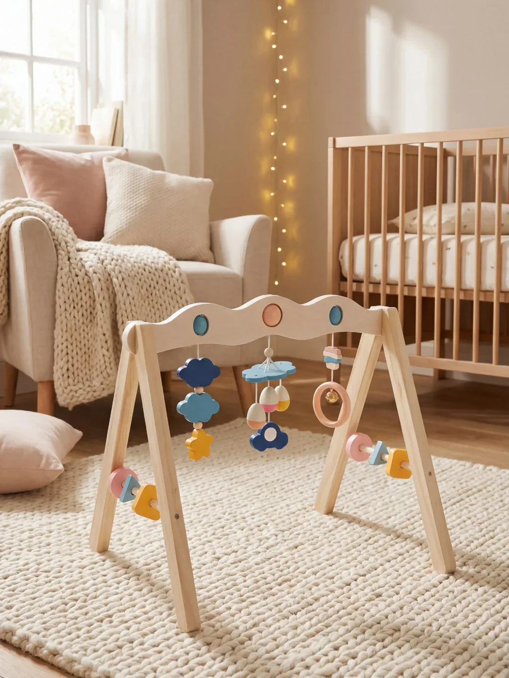 Natural Wood Baby Gym Arch For Babies 0-3 Years, Stable Frame With Suspended Toys