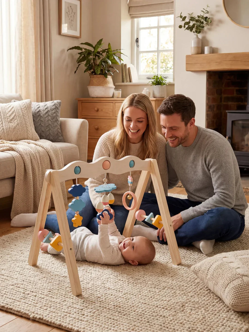 Natural Wood Baby Gym Arch For Babies 0-3 Years, Stable Frame With Suspended Toys