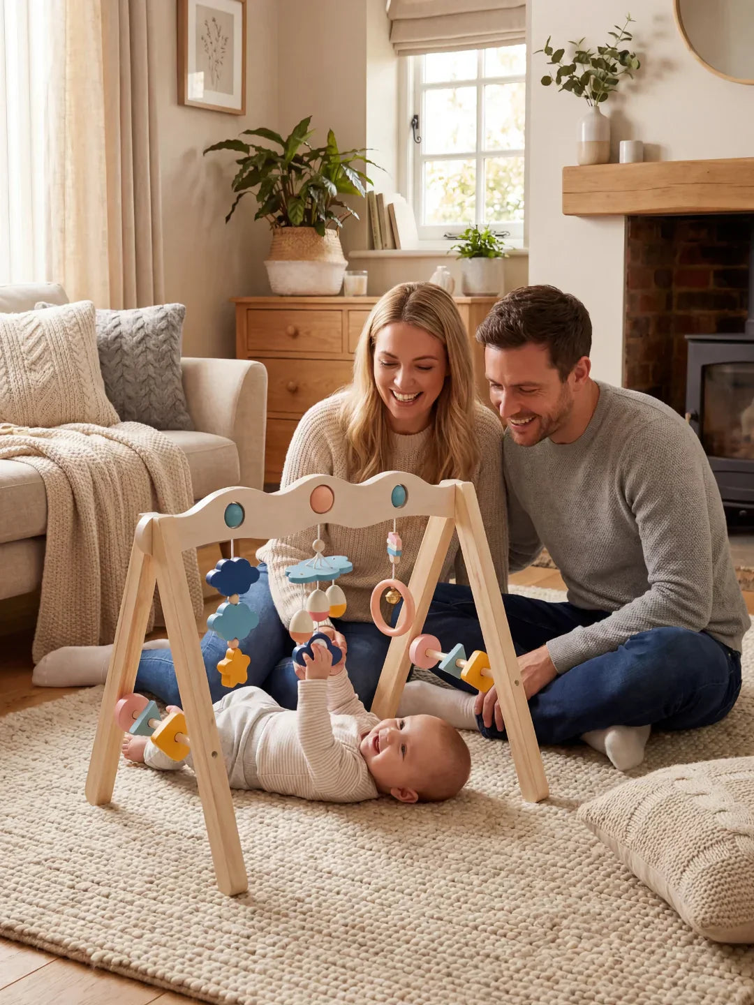 Natural Wood Baby Gym Arch For Babies 0-3 Years, Stable Frame With Suspended Toys