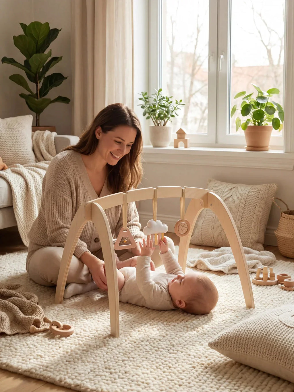 Wooden Play Arch with 3 Hanging Toys – Sensory Gym for Baby
