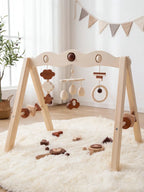 Natural Wood Baby Gym Arch For Babies 0-3 Years, Stable Frame With Suspended Toys