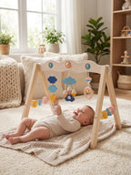 Natural Wood Baby Gym Arch For Babies 0-3 Years, Stable Frame With Suspended Toys
