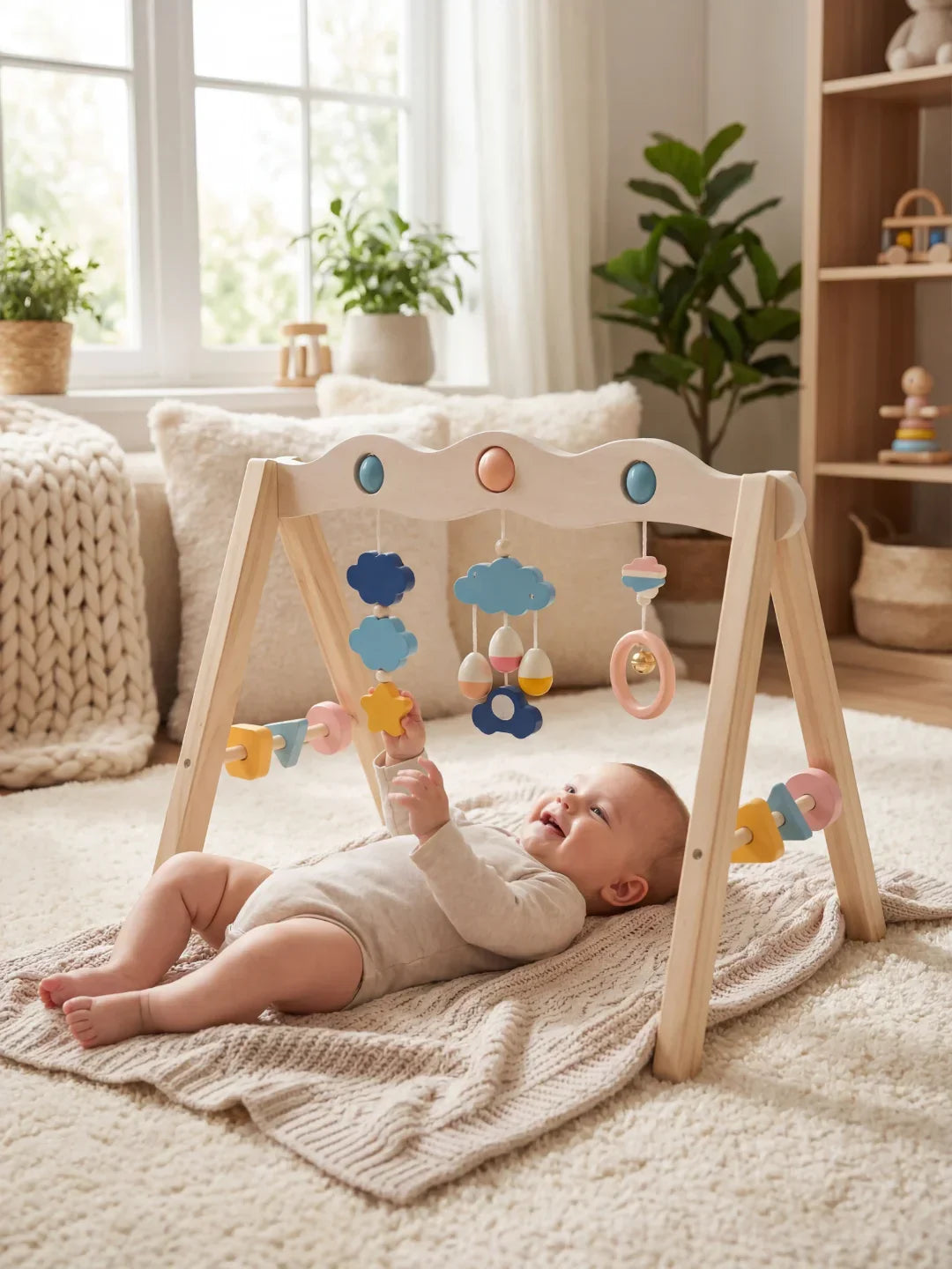 Natural Wood Baby Gym Arch For Babies 0-3 Years, Stable Frame With Suspended Toys