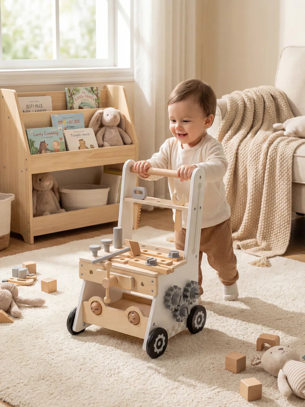 2-in-1 Wooden Workbench Baby Push Walker