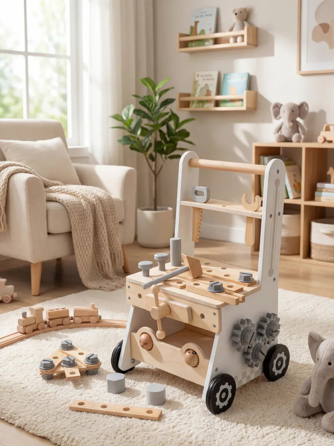 2-in-1 Wooden Workbench Baby Push Walker