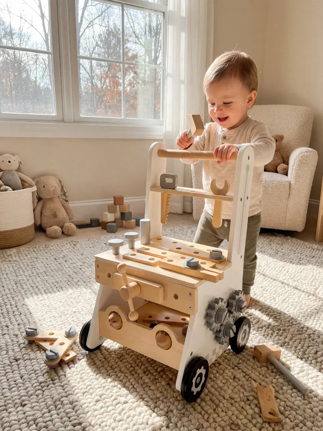 2-in-1 Wooden Workbench Baby Push Walker