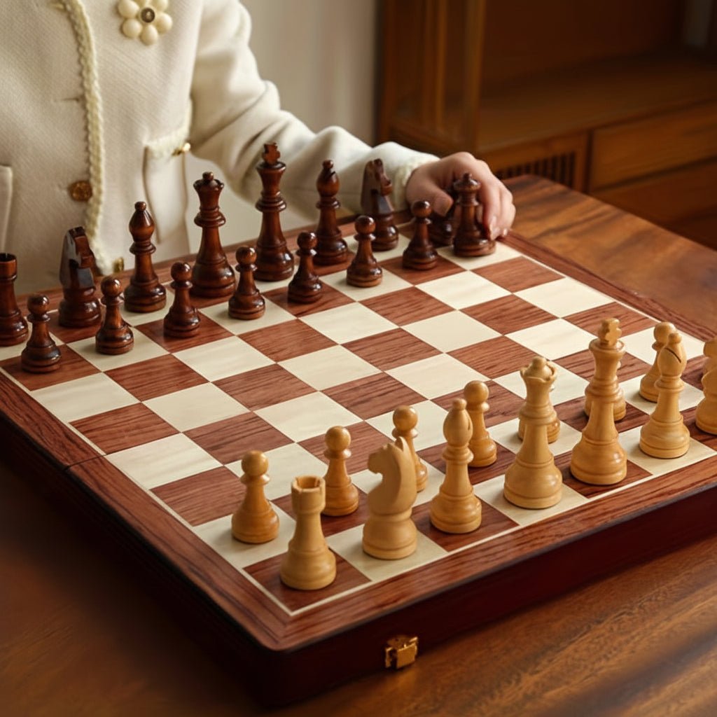 Tabuleiro de Torneio Incluído numa Coleção de Xadrez em Madeira com Peças Clássicas