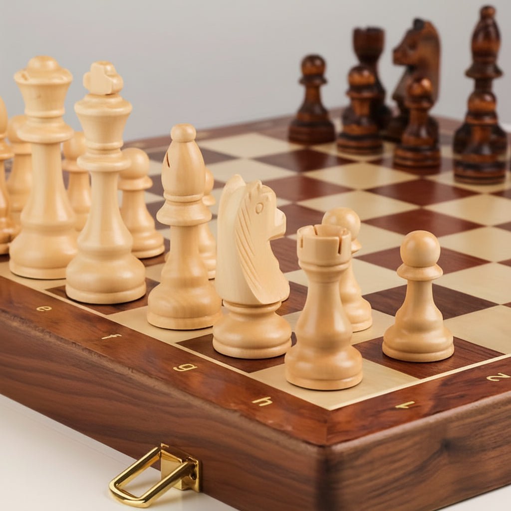 Tabuleiro de Torneio Incluído numa Coleção de Xadrez em Madeira com Peças Clássicas