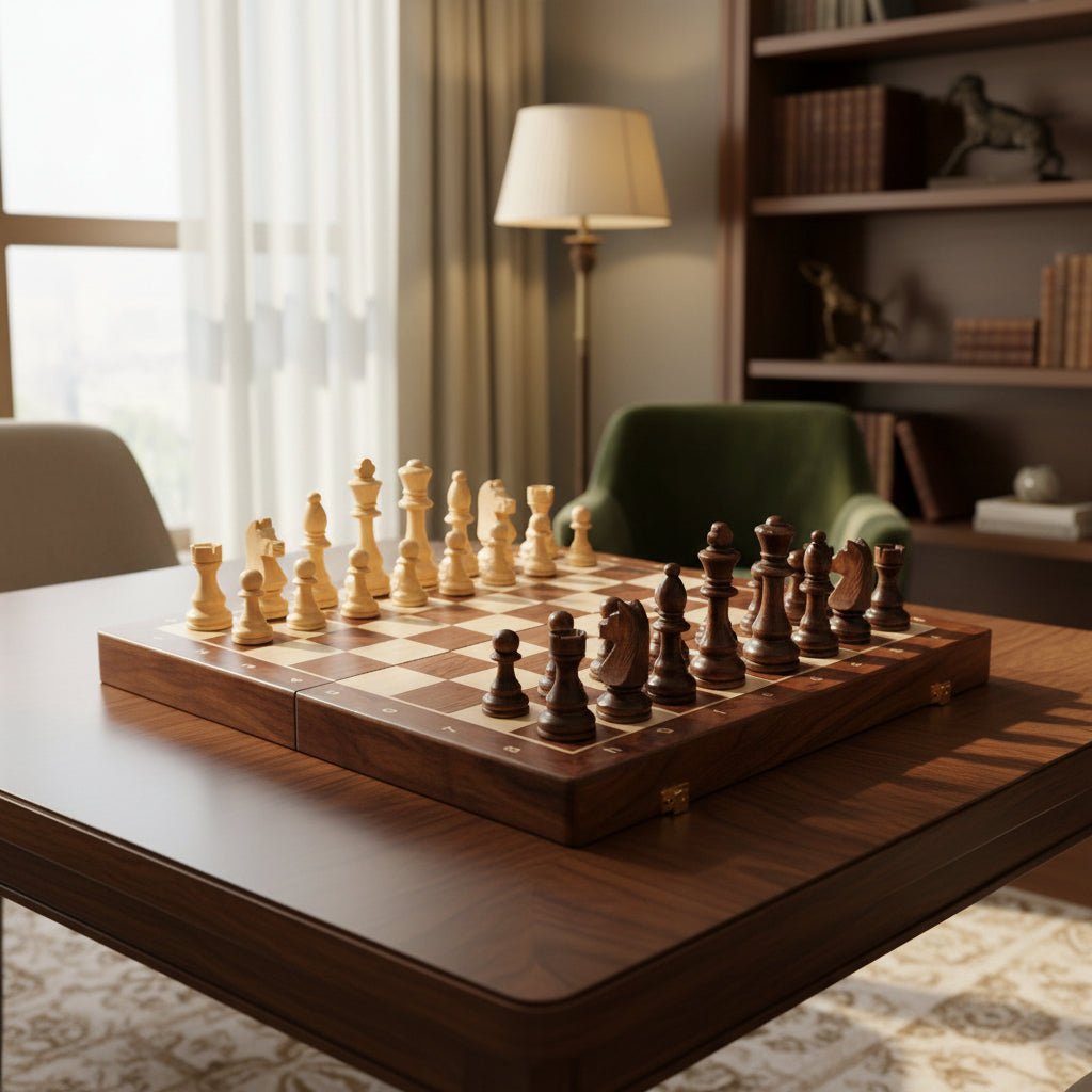 Tabuleiro de Torneio Incluído numa Coleção de Xadrez em Madeira com Peças Clássicas