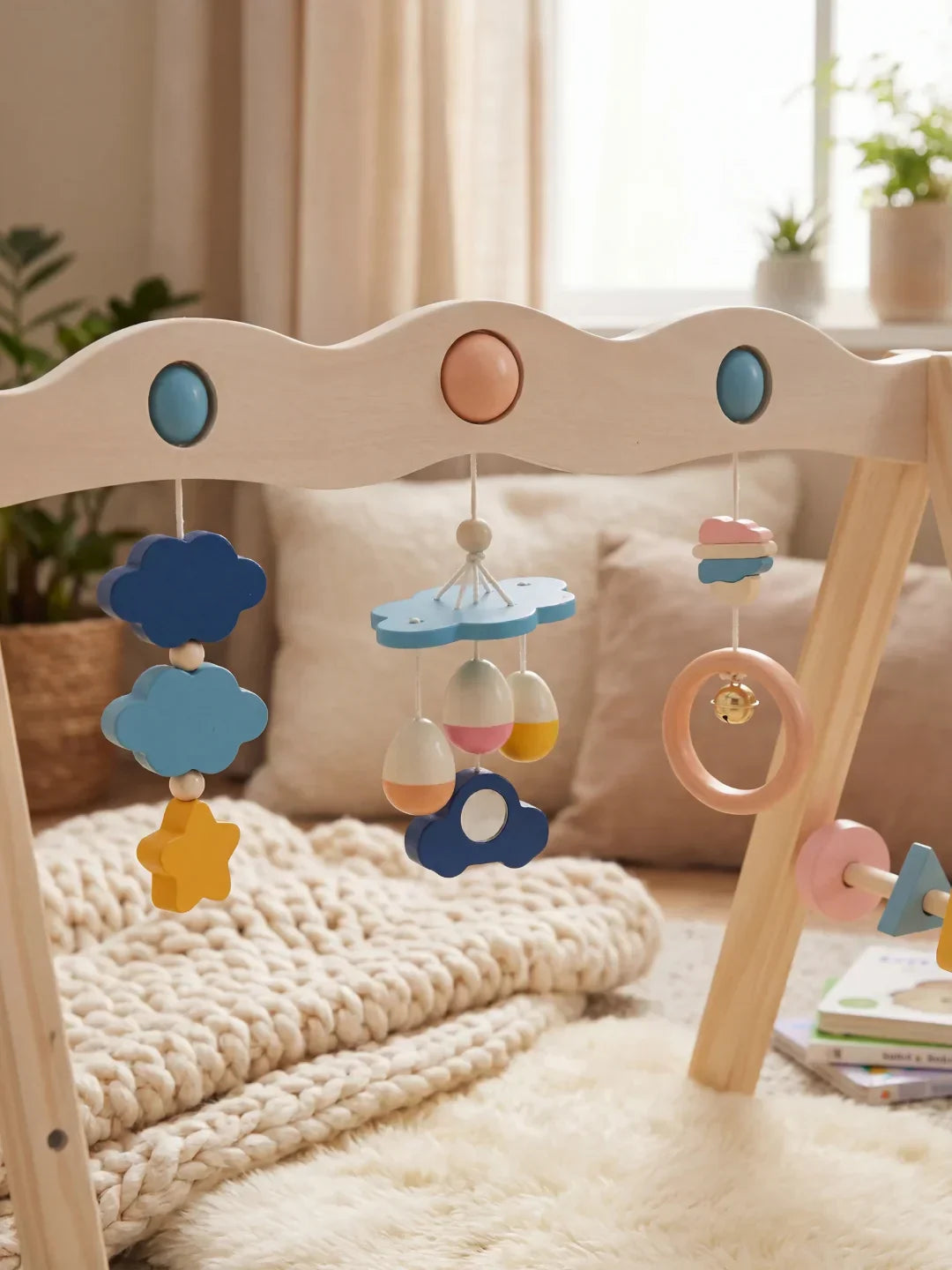 Natural Wood Baby Gym Arch For Babies 0-3 Years, Stable Frame With Suspended Toys