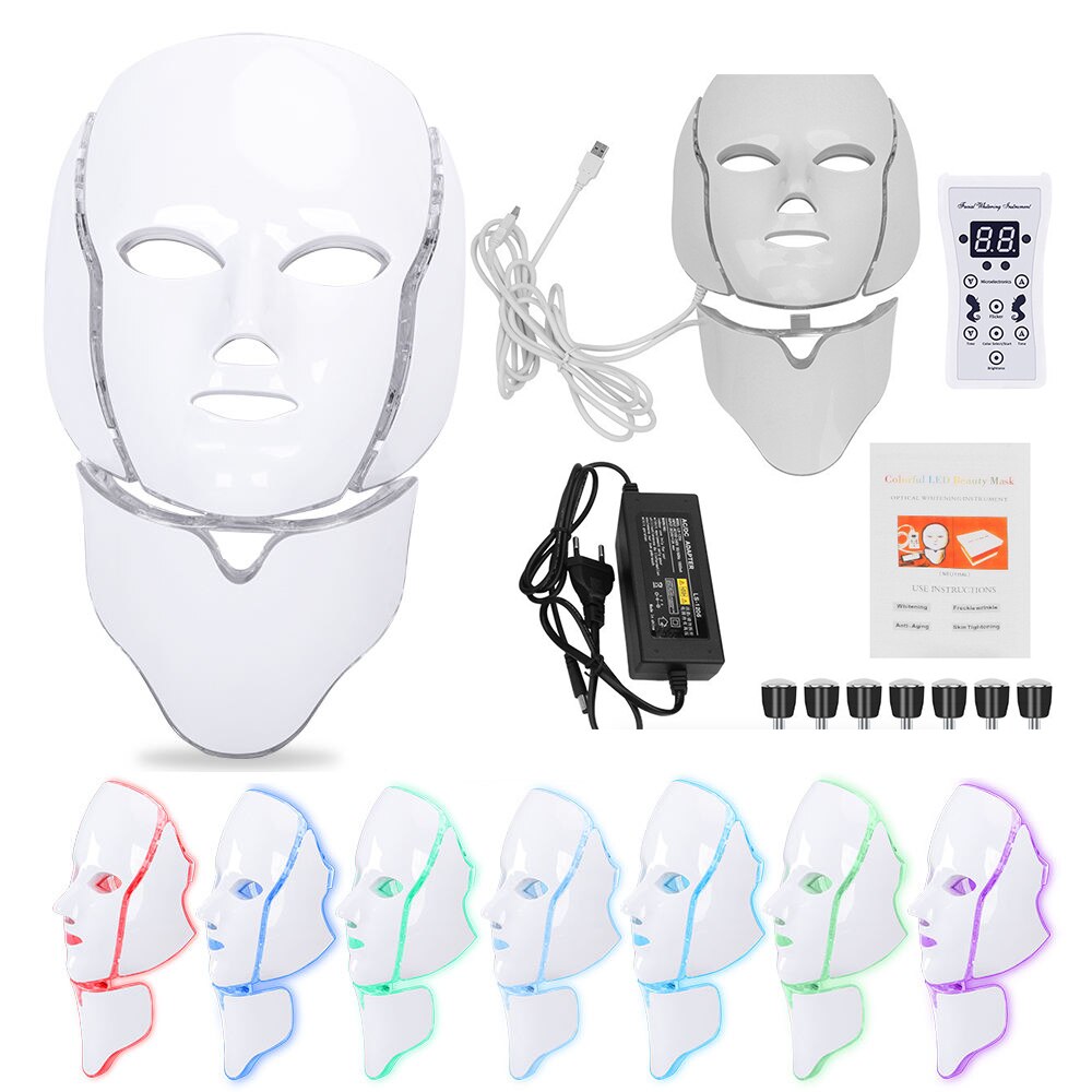 Seven Color Red LED Light Therapy Mask For Face And Neck With Spa Glow