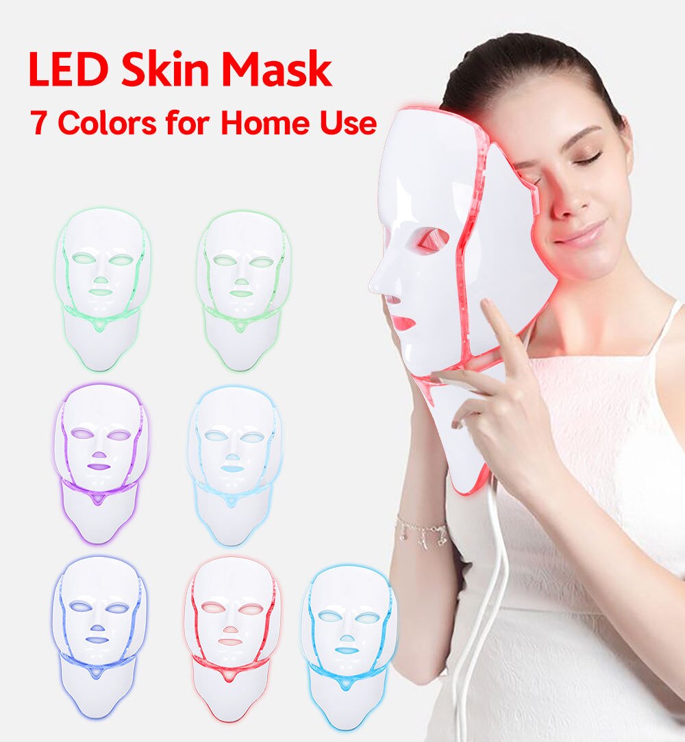 Seven Color Red LED Light Therapy Mask For Face And Neck With Spa Glow