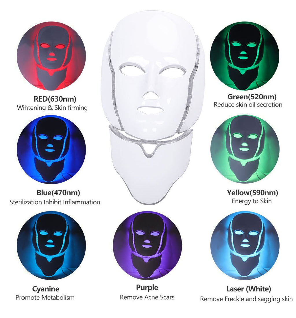 Seven Color Red LED Light Therapy Mask For Face And Neck With Spa Glow