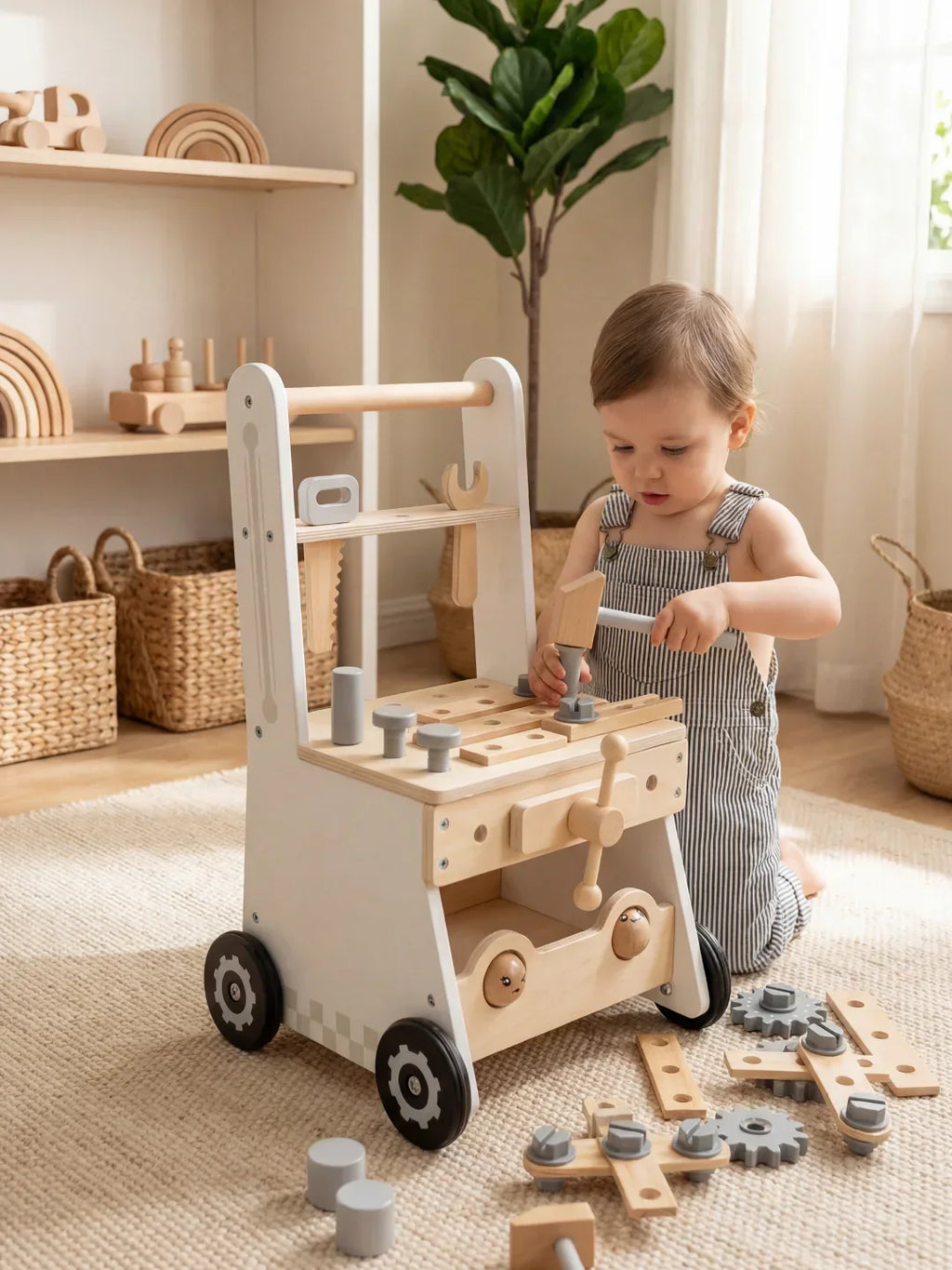 2-in-1 Wooden Workbench Baby Push Walker
