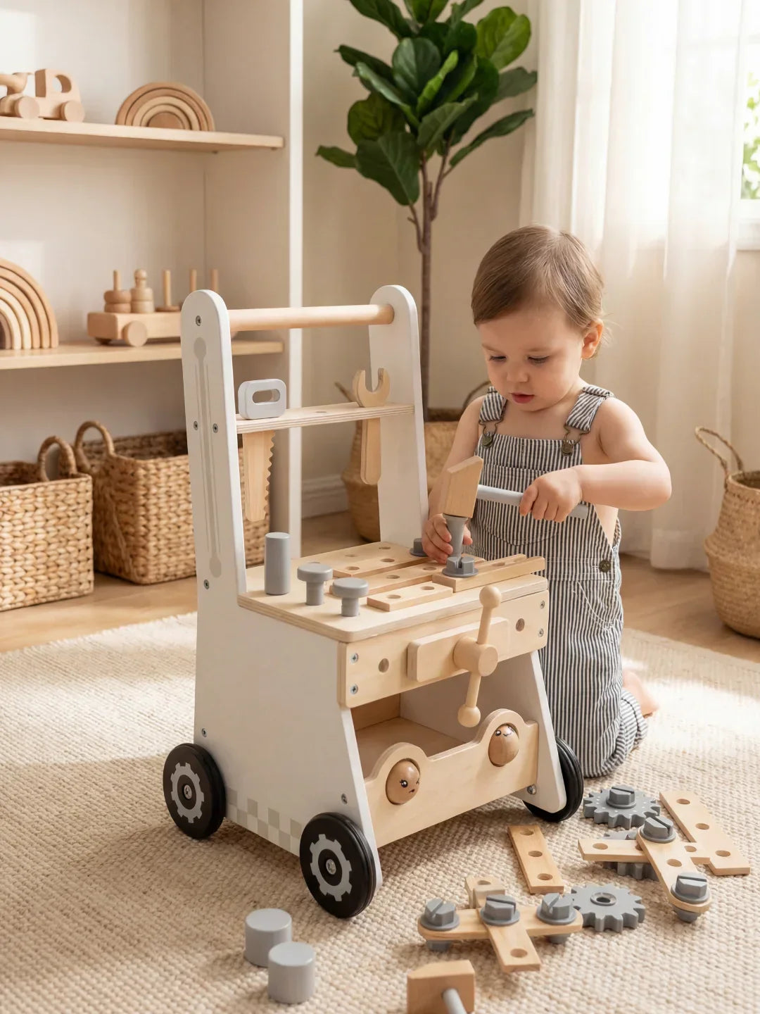2-in-1 Wooden Workbench Baby Push Walker