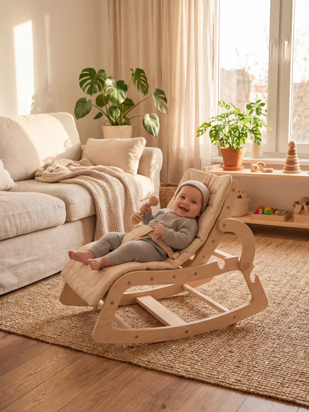 Scandinavian Wooden Baby Bouncer and Toddler Chair