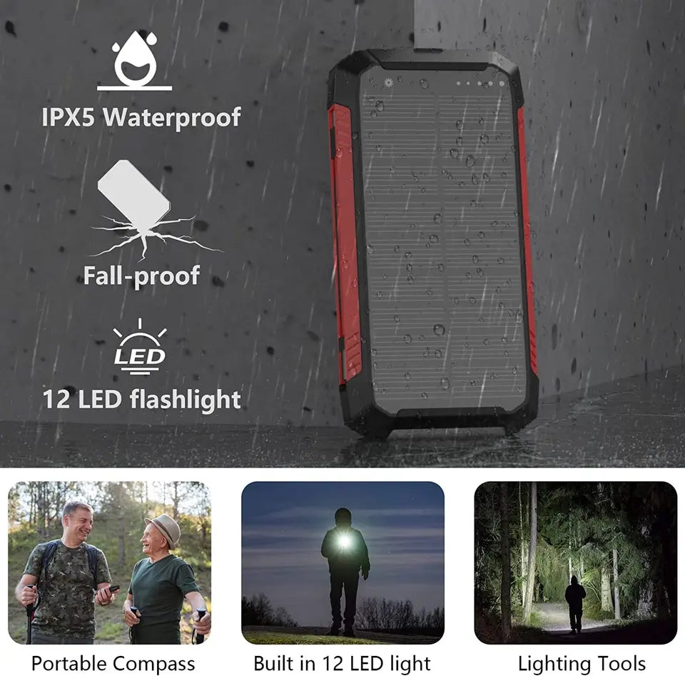 EclipseVolt 30 000 mAh vízálló napelemes power bank két USB porttal és Qi vezeték nélküli töltővel