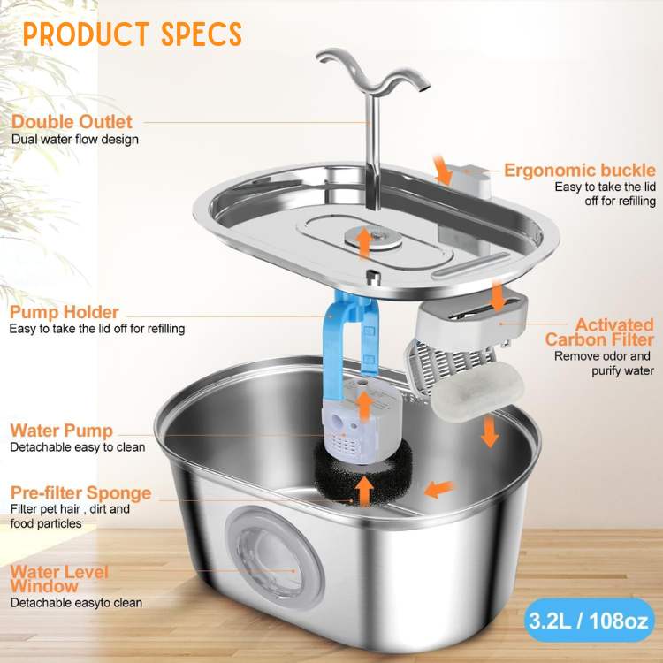 Air Mancur Haiwan Peliharaan Keluli Tahan Karat Senyap CalmStream Untuk Kucing Dan Anjing Penghidratan