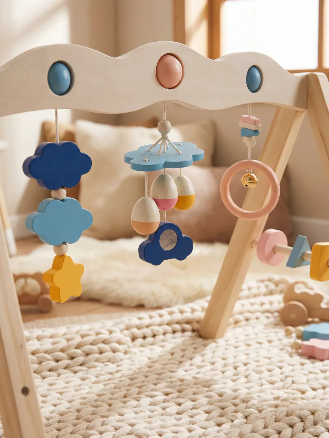 Natural Wood Baby Gym Arch For Babies 0-3 Years, Stable Frame With Suspended Toys