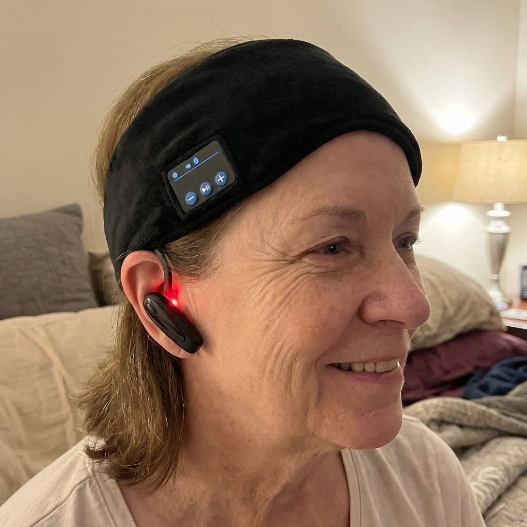 Tinnitus Verlichtingsset met Roodlicht Oorapparaat, Slaapband en Geluidstherapie-app
