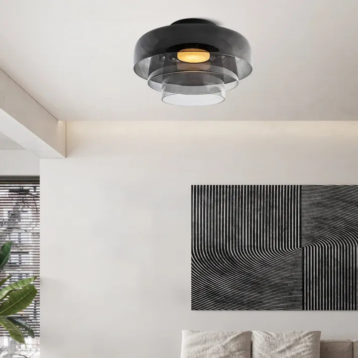 Lampada da soffitto Lumenweave Nordic con paralume in vetro artigianale