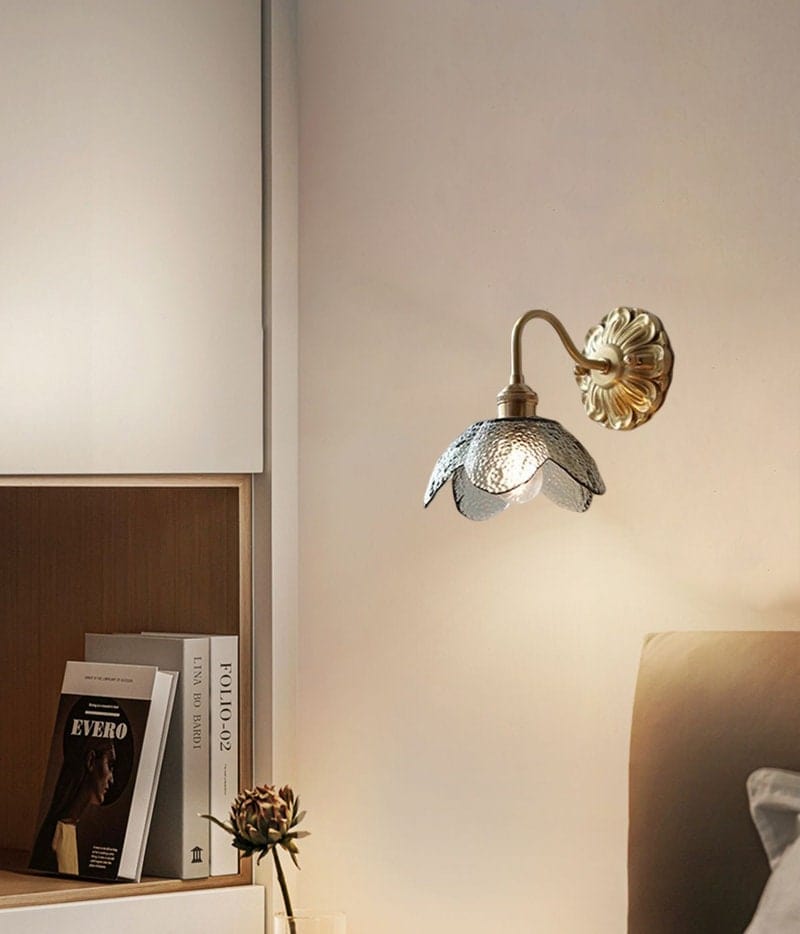 Lyra Lotus Wall Light Seeded Glass Brushed Brass Sconce