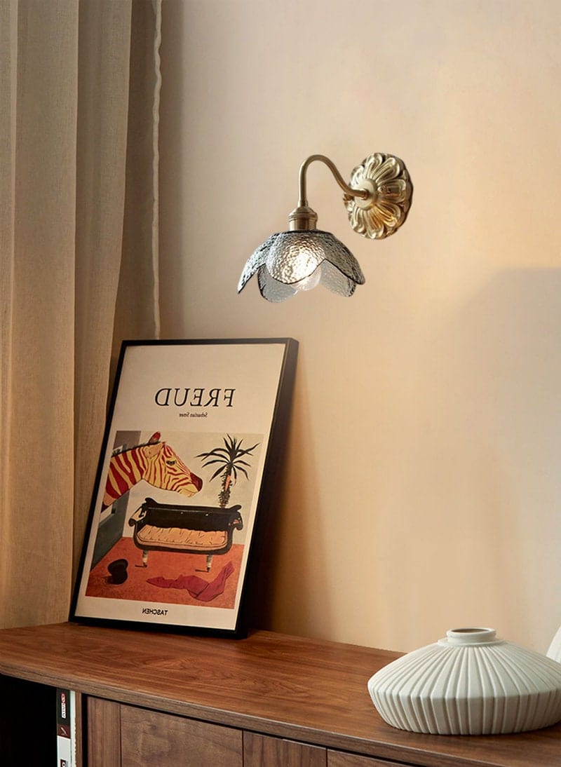 Lyra Lotus Wall Light Seeded Glass Brushed Brass Sconce