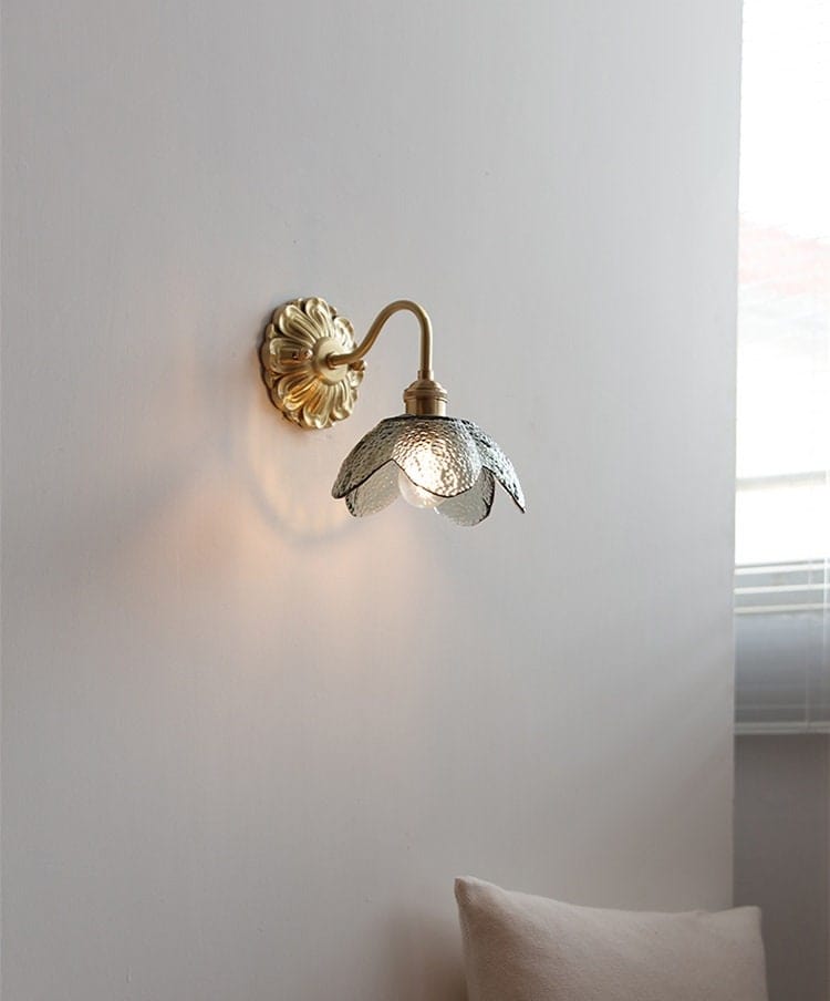 Lyra Lotus Wall Light Seeded Glass Brushed Brass Sconce
