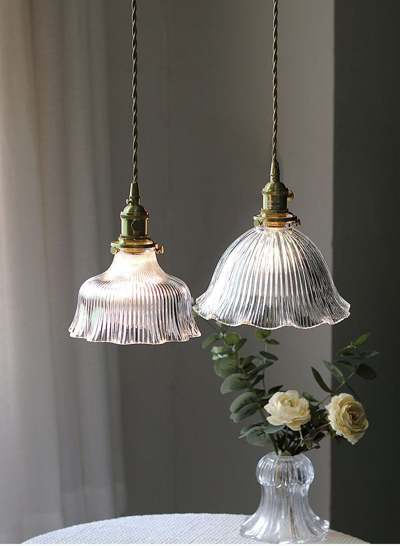 Montfleur French Vintage Fluted Glass Flower Pendant Light With LED Bulb Included | Petprovac
