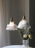 Montfleur French Vintage Fluted Glass Flower Pendant Light With LED Bulb Included | Petprovac