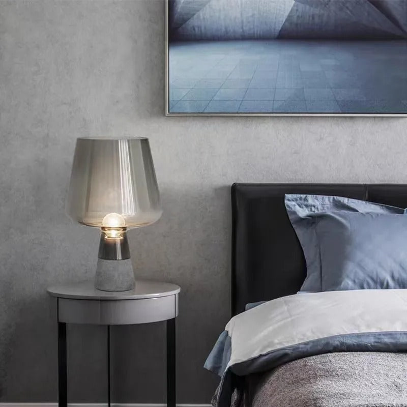 Lampu Meja Kaca Amber Lumora Dengan Alas Simen Pepejal