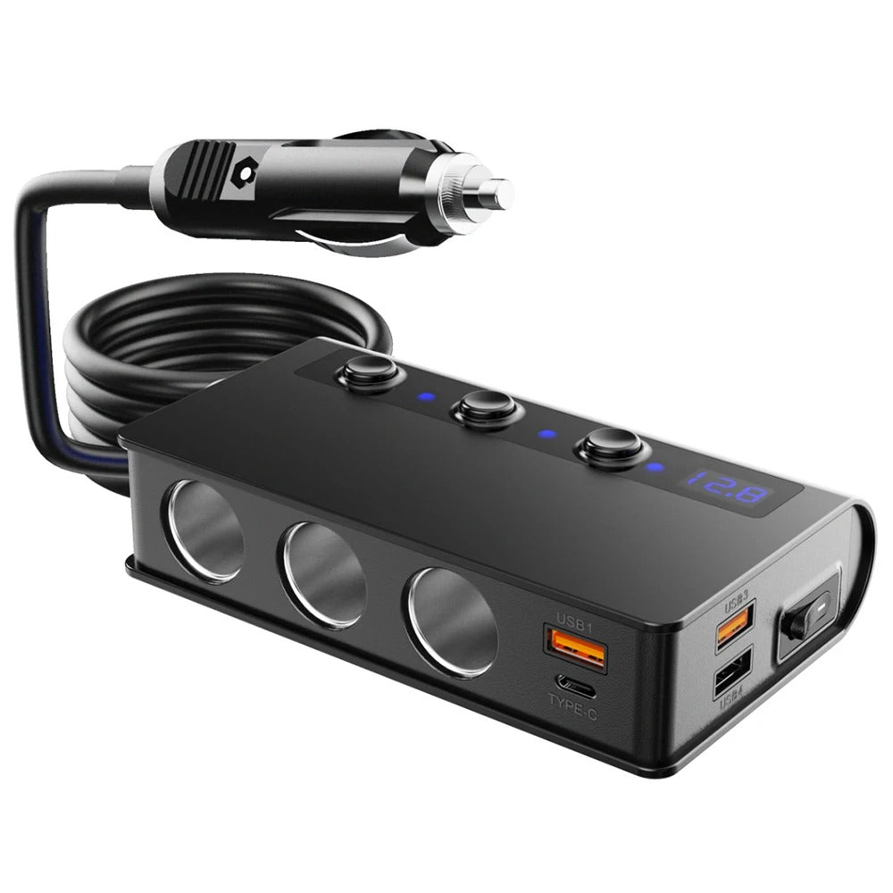 Cargador rápido para coche NovaCharge de cuatro puertos con puertos USB y enchufes para mechero 180W
