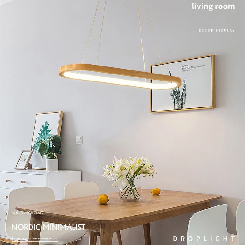 Varela Lampu Gantung LED Kayu Minimalis, Lampu Makan Boleh Laras Cahaya