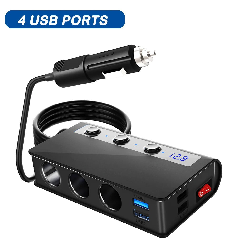 Cargador rápido para coche NovaCharge de cuatro puertos con puertos USB y enchufes para mechero 180W