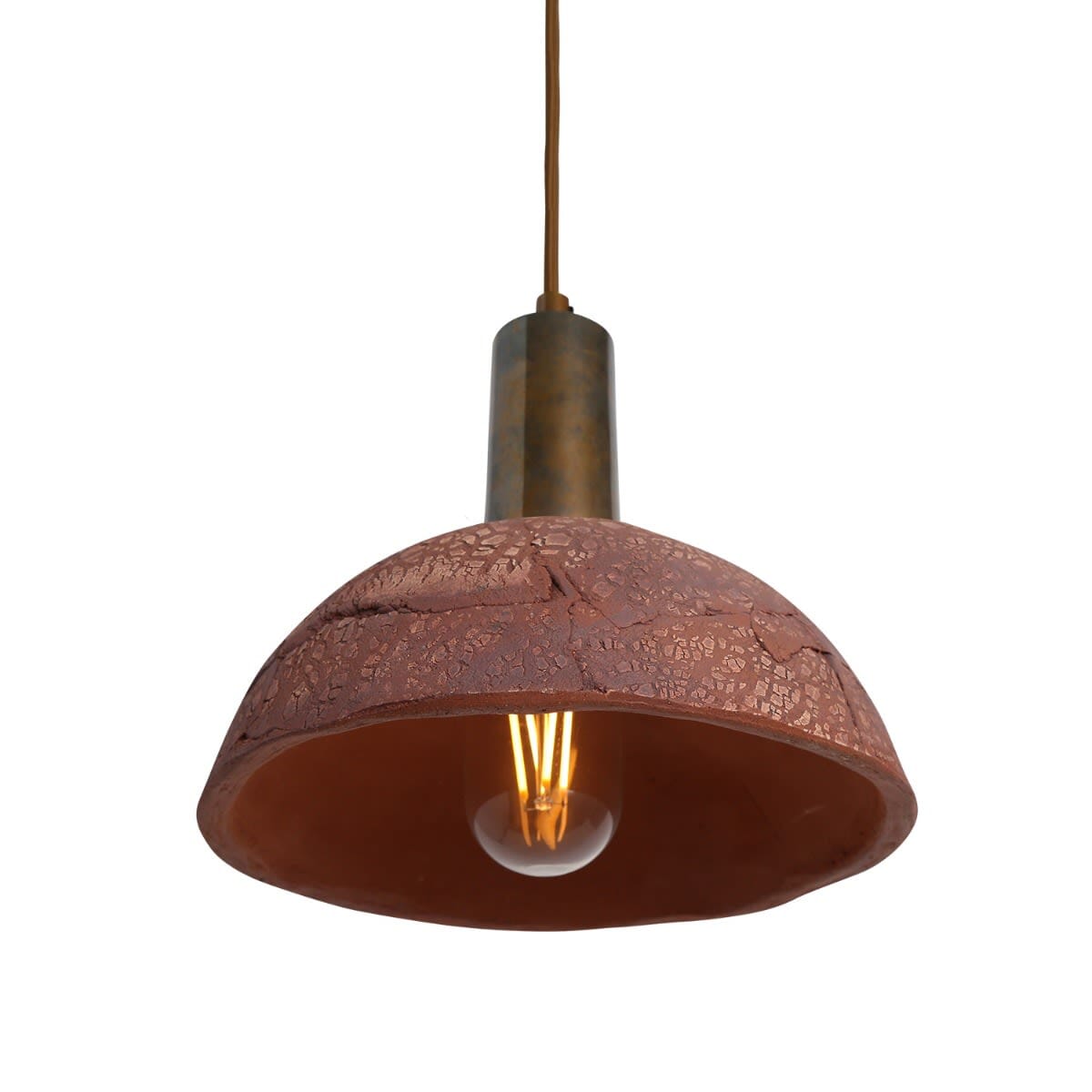 Novira Dome Pendelleuchte aus organischer Keramik, 20cm, rotes Eisen