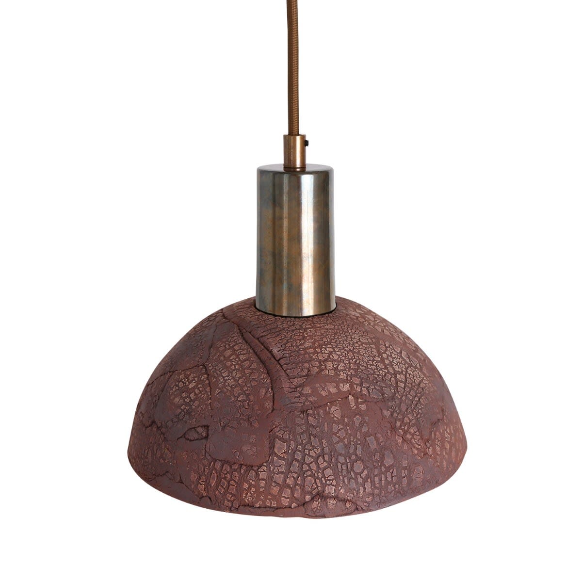 Novira Dome Pendelleuchte aus organischer Keramik, 20cm, rotes Eisen