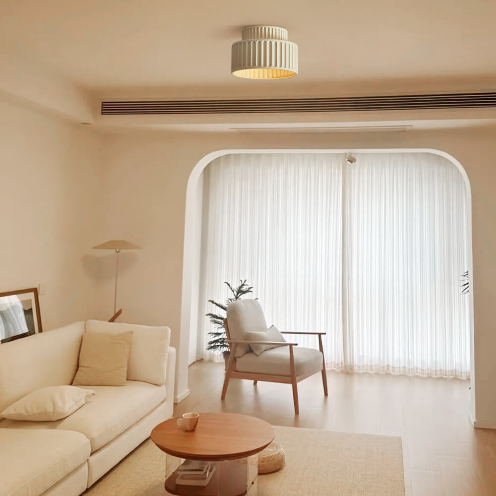 Luminara Drum Semi Flush Ceiling Light Cream Fabric Shade One Light