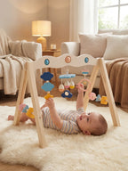 Natural Wood Baby Gym Arch For Babies 0-3 Years, Stable Frame With Suspended Toys