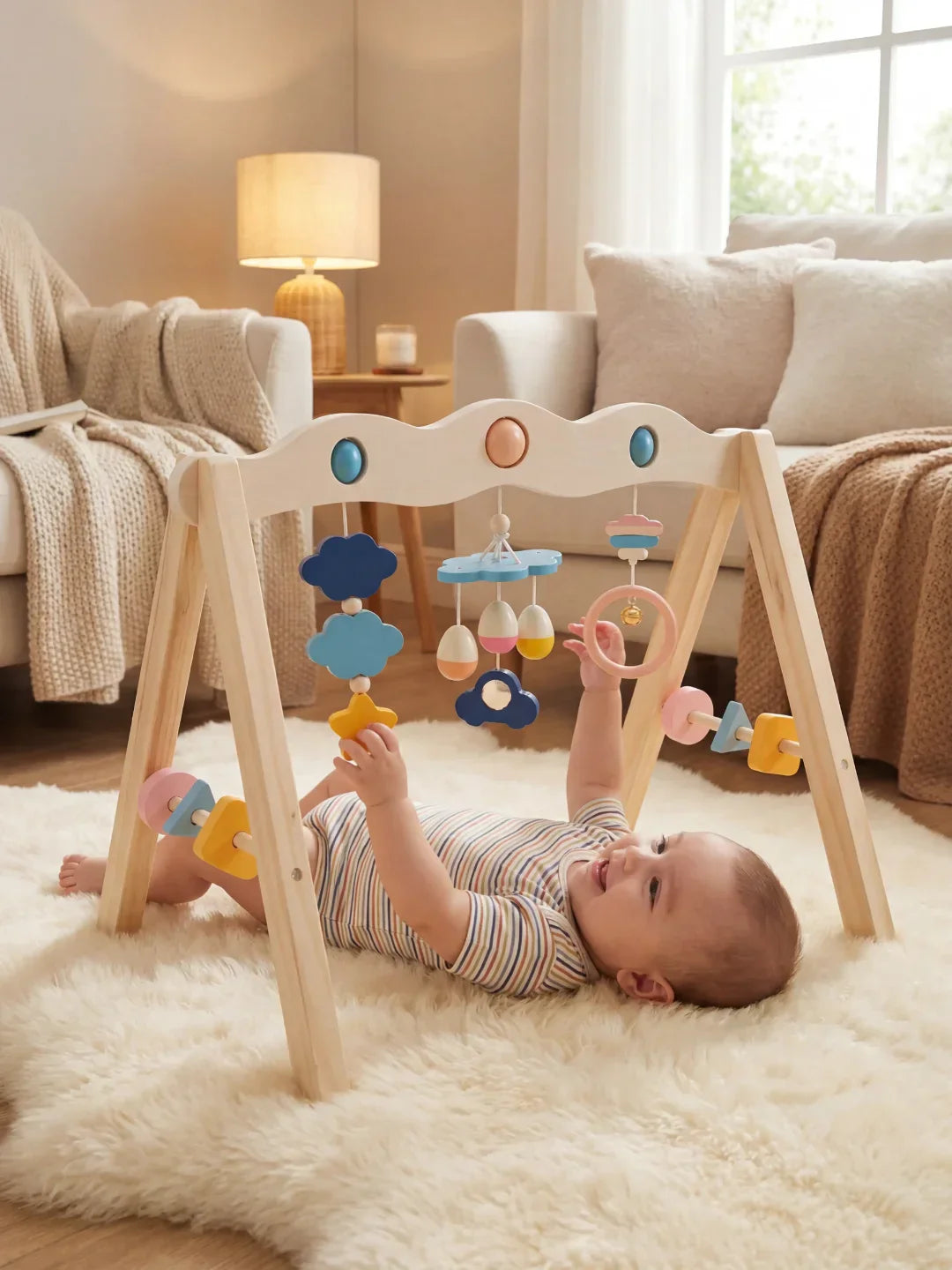 Natural Wood Baby Gym Arch For Babies 0-3 Years, Stable Frame With Suspended Toys